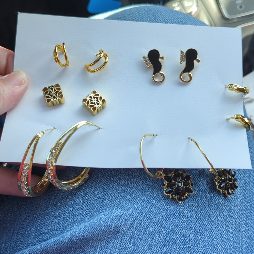 Gold-Tone Hoop and Floral Drop Earring Set - 6 Pairs